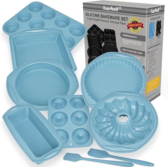 9in1 Nonstick Silicone Baking Bundt Cake Pan Cookie Sheet Molds Tray Heat Resistant Bakeware Tools Kit for Muffin Loaf Bread Pizza CupcakeUtensil