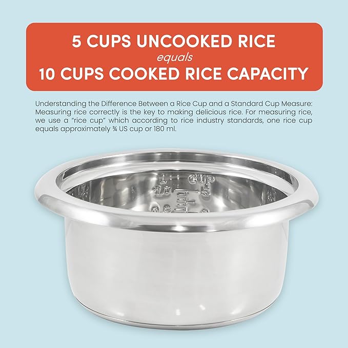 Elite Gourmet ERC2001BX 10-Cup Electric Rice Cooker with 304 Surgical Grade Stainless Steel Inner Pot, Makes Soups, Stews, Porridges, Grains and Cereals