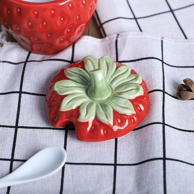 WAIT FLY Strawberry Ceramic Sugar Bowl with Lid, Sugar Container, Sugar Salt Pepper Storage Jar for Kitchen Countertop, Coffee Bar