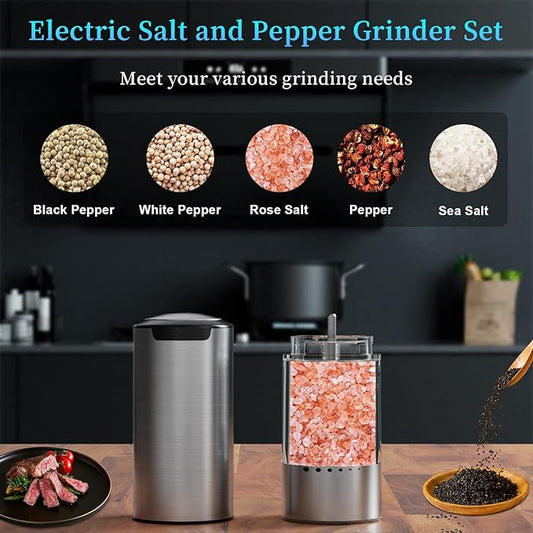 Electric Salt and Pepper Grinder Set Type-C Fast Charging, Automatic Salt and Pepper Shakers Adjustable Coarseness, Stainless Steel Rechargeable Salt and Pepper Grinder with LED Light
