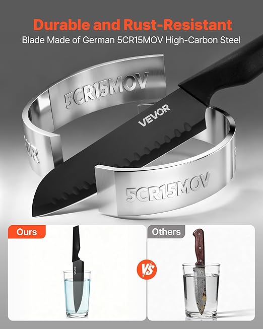 VEVOR Kitchen Knife Set with Block and Sharpener, 15 Piece German High Carbon Stainless Steel Knife Set, Kitchen Cutlery with PP Ergonomic Handle, Sharpening Rod and Wooden Block, for Home Cooks