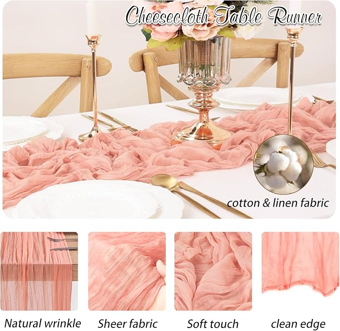 Peach Coral Cheesecloth Table Runner 1 Pack 35" Boho Gauze 120 inches Long Runner Rustic Sheer Fabric Bulk for Baby Shower Wedding Bridal Birthday Party Table Decorations