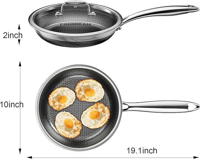 Fogdream 10” Non Stick Frying Pans, Stainless Steel Skillet with Lid, Tri-Ply Stainless Steel for All Cooktops, Dishwasher and Oven-Safe Cooking Pan, Stay-Cool Handle, Silver