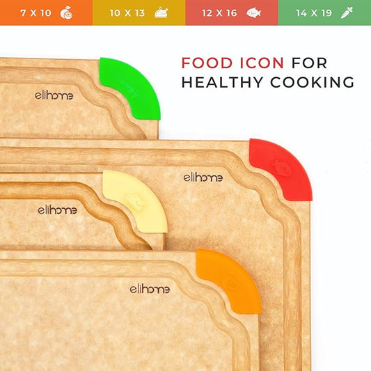 Elihome Premium Series 3-in-1 Kitchen Cutting Board Set, Non Slip Feet, Color Coded with Food Icon, Natural Wood Fiber, Dishwasher Safe, Eco-Friendly, Juice Grooves,Non Porous, BPA Free, Made in USA