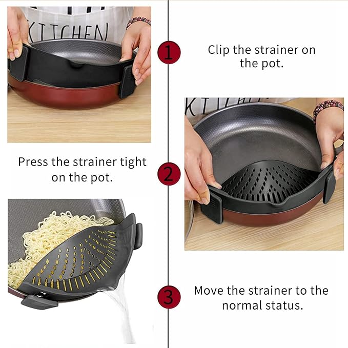 2 Pcs Clip on Strainers, Pot Strainer for Pasta Meat Vegetables Fruit, Silicone Strainer - Fit All Pots and Bowls