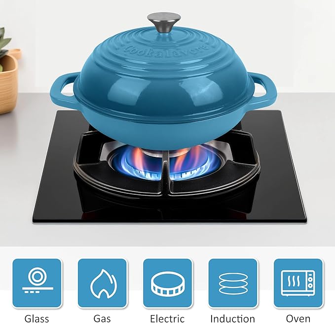 Fijxzct Premium Enameled Cast Iron Dutch Oven for Bread Baking | Non-Stick 5QT Oval Bread Oven with Lid | Perfect for Sourdough, Loaf, and Artisan Baking (Round Blue, 5 QT)