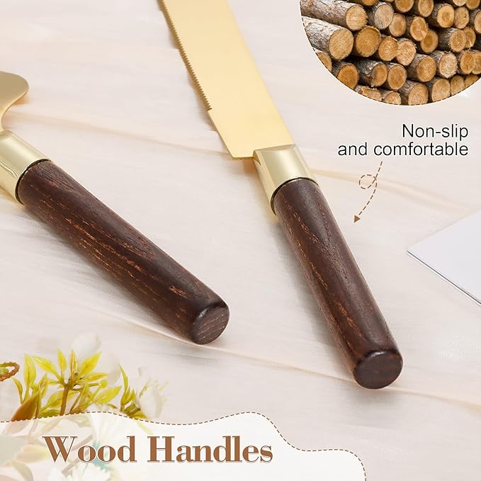 TUKDAK Gold Cake Cutting Set for Wedding, Wood Cake Knife and Server Set, Vintage 2-Piece Pie Cutter Set, Serrated Pizza Dessert Utensils, Bridal Birthday Quinceañera Gift (Walnut color)