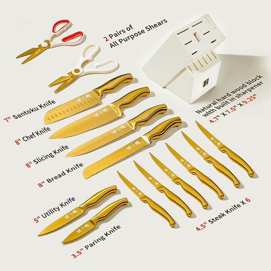 ZHANG XIAO QUAN Gold Knife Set with White Block, High Carbon Stainless Steel Knife Set, Razor-Sharp and Durable, Hundreds of Years of Masterful(15Pcs)