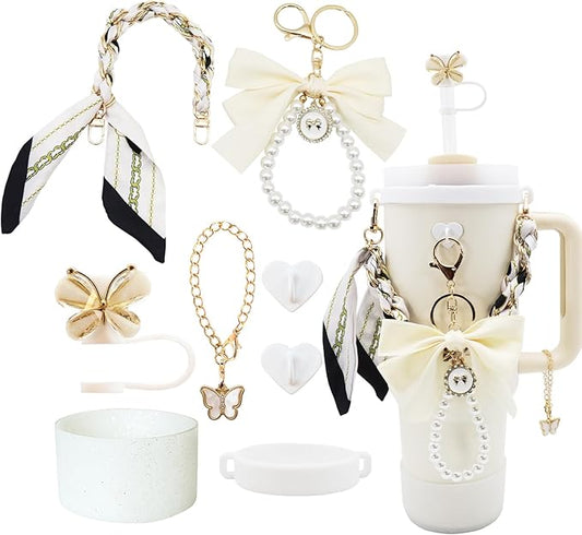 Stanley Cup Accessories Set for 40oz & 30oz Tumbler Including Water Bottle Handle Strap、Bow Keychain、Cup Ring、Bling Silicone Boots、Butterfly Straw Topper、Charm Accessories for Stanley Cup