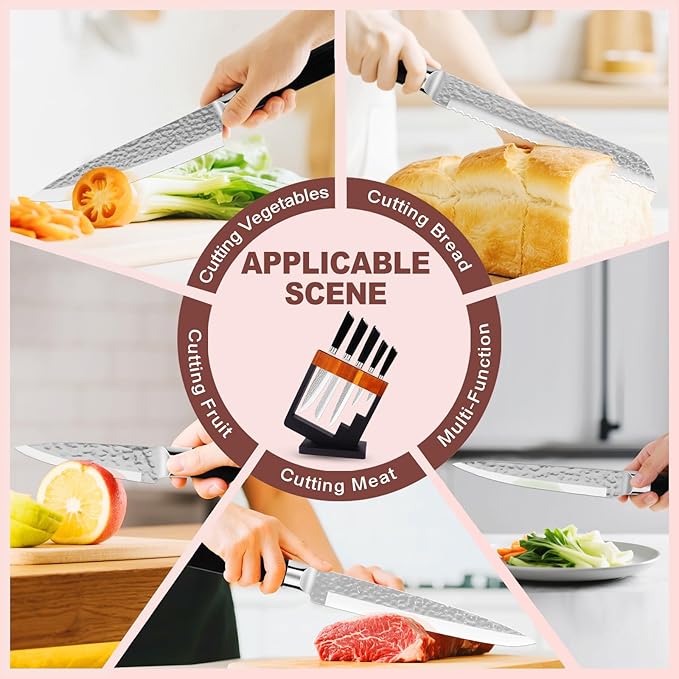 5-Piece Kitchen Knife Set with Block - Stainless Steel Sharp Blade, Wooden Handle Knifes Holder, Bread/Fruit/Meat/Chef Knives, Gifts for Women Men (Hammered Texture)-5