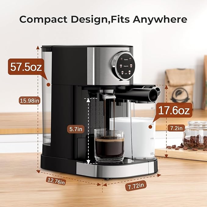 Electactic Espresso Machine 20 Bar, Super Compact Espresso Maker Stainless Steel with Touch Screen, Professional Coffee Machine, Automatic Milk Frother for Cappuccino