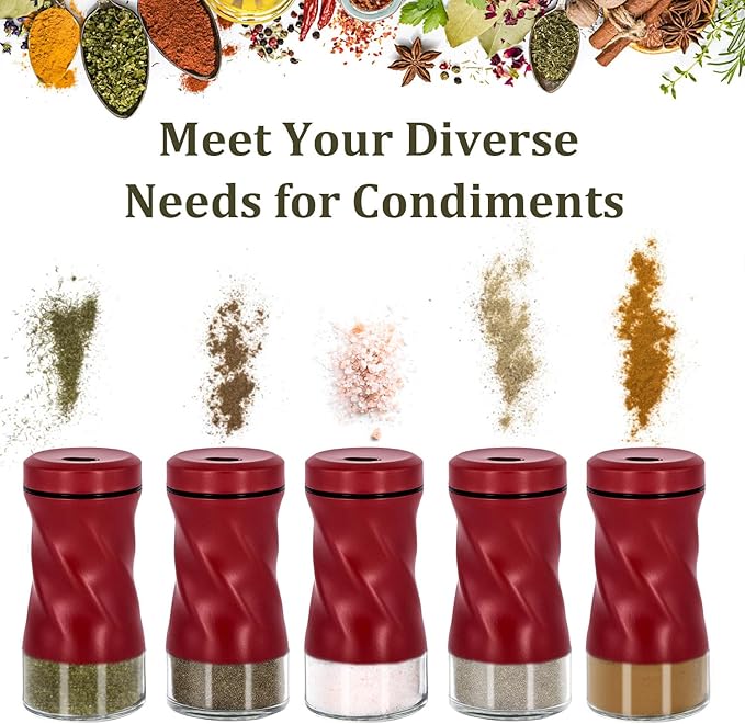 Red Salt and Pepper Shakers with Adjustable Pour Hole, NEODACO Glass Shaker with Stainless Steel Lids for Home, Restaurants, and Weddings, Ideal for Himalayan, Black Pepper, Kosher, and Sea Salts