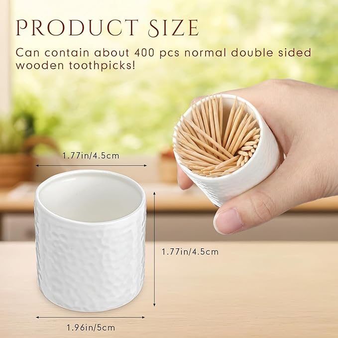 Mimorou 4 Pcs White Ceramic Toothpick Holder Simple Ceramic Toothpick Dispenser Container for Home Charcuterie, Easy to Clean (Hammered Texture)