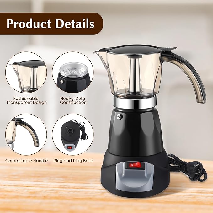 Lemosae Electric Espresso Maker Transparent Coffee Maker Electric Moka Pot Portable Aluminum Espresso Machine Italian Moka Pot with Detachable Base, Coffee Gift for Women Men Home Travel(Black,6 Cup)