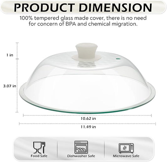 OEC Lighter Weight Tempered Glass Microwave Splatter Cover - 11.5 inch - Heat-Resistant & Impact-Resistant, Reinforced Glass Lid with Vent, Silicone Knob, Dishwasher Safe, 100% Food Grade - BPA Free