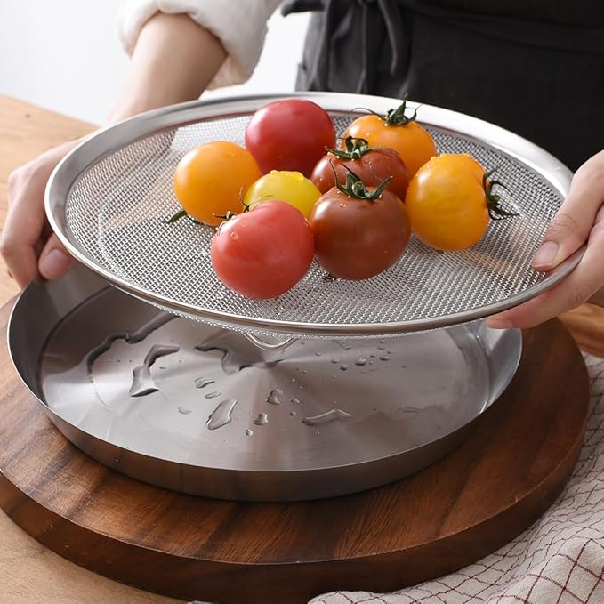 Stainless Steel Mesh Tray Set with Drip Pan, Air Fryer Basket and Tray, Kitchen Colander, Vegetable and Fruit Strainer, Food Filter, BBQ Prep Tool, Fruit Serving Dishes (11.42 inch)