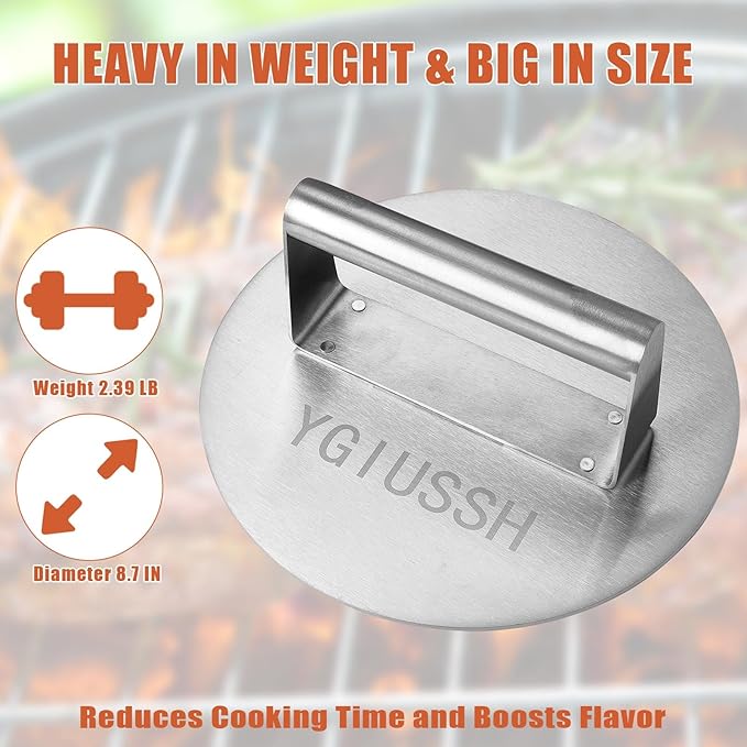 8.7 Inch Heavy-Duty Grill Press Stainless Steel Bacon Press Round Non-Stick Hamburger Press Weight Burger Smasher for Perfectly Seared Bacon Steak & Sandwiches