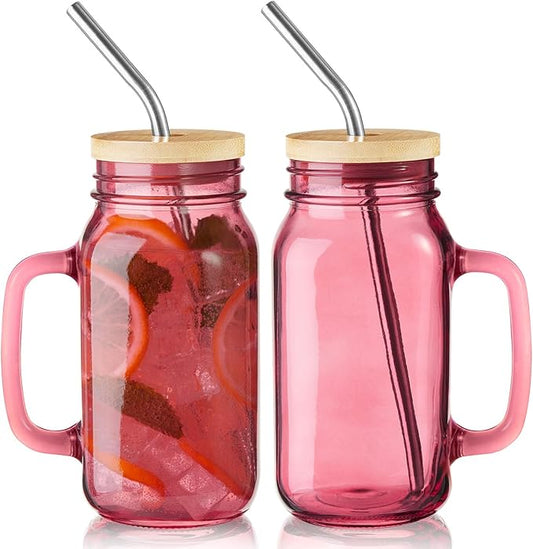 DRASTAR 24oz Drinking Glasses with Handle, Mason Jar with Lid and Straw, Mason Jars with Regular Mouth, Iced Coffee Cups, Pink