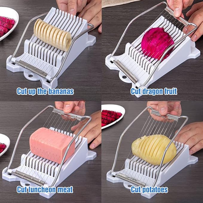 Easy Press Food Slicer - 12 Stainless Steel Wire Slicer for Luncheon Meat, Eggs, Spam, Tomatoes, Soft Fruits & Cheese (White)