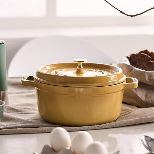 Staub Cast Iron Round Cocotte, Dutch Oven, 7-quart, serves 7-8, Made in France, Citron