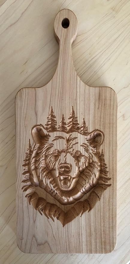 Rustic Maple Wood Cutting Board with Bear Carving, 16 x 6.75 inches Great Gift for Father's Day, Hunting Cabin, Christmas,