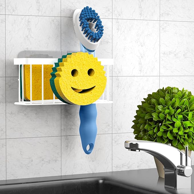 Sponge Holder Smiley Face, Kitchen Organizer with 2 Suction Cups/1 Adhesive Strips,Designed for Sponge,Soap,Dish Brush,Scrubber - White