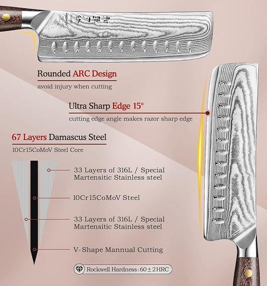 HEZHEN Nakiri Knife,7.4 Inches, 67 Layers Damascus Steel Japanese Vegetable Knife for Professional Chefs and Home, Micarta Handle,Gift Ready