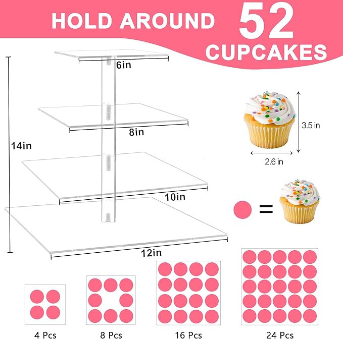 Cupcake Stand, Acrylic Cupcake Holder, Premium 4 Tier Square Cupcake Stand for Wedding Birthday Holidays, Cady Bar Party Decoration,Clear… (4 Tier, Square)