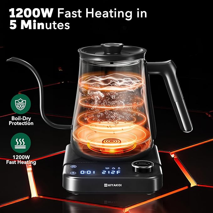 HIYAKOI Gooseneck Electric Kettle with ±1℉ Temperature Control, Pour Over Kettle for Coffee & Tea, 1200W Rapid Heating, Stainless Steel Water Boiler with 12H Keep Warm & Built-in Timer, 0.8L/27oz