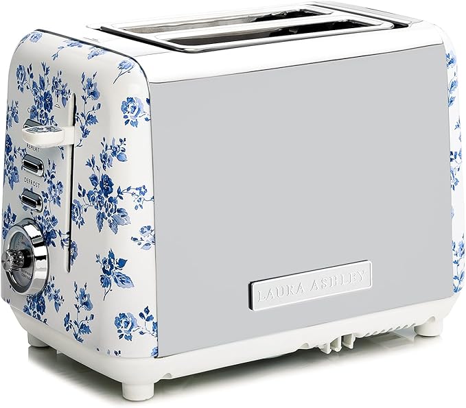 VQ Laura Ashley China Rose Stainless Steel 2 Slice Toaster | Multi-Functional Bagels & Bread Toaster 2 Slice with Adjustable Heating & Defrost Mode | Featuring 2 Wide Slots & Croissant Warming Rack
