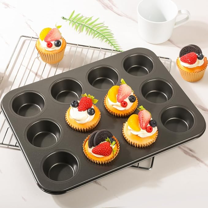 Artcochan 2 Pack Muffin Pan Set,12 Cup Nonstick Carbon Steel Cupcake Pan with 100 Liners,Standard Muffin Tin for Cupcakes and Baking Supplies
