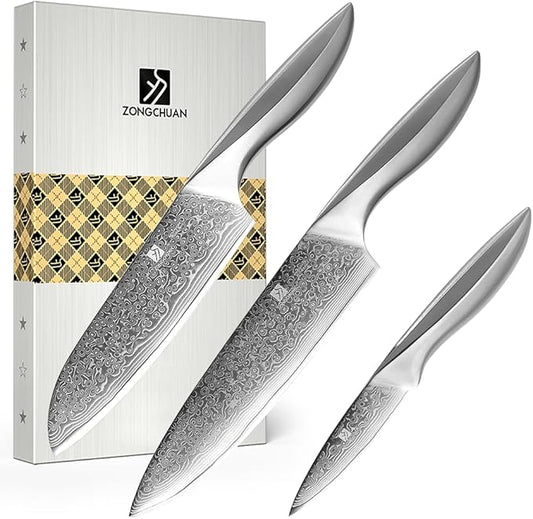 3 PCS Damascus Chef Knife Set, Ultra-Smooth Cutting Experience and Professional Grade Sharp, Kitchen Knife Set,Handle Ergonomic Design,9CR18MOV High Carbon Stainless Steel,Dishwasher Safe