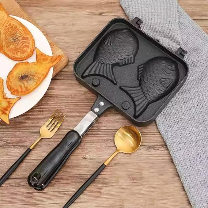 Joyzan Taiyaki Cake Pan, Fish Shaped Non stick Waffle Maker Double Pancake Baking Japanese Plate Stainless Steel Bread tool Handle Home Cooking Snacks DIY Desserts Party Electric Stovetop Gas Stove