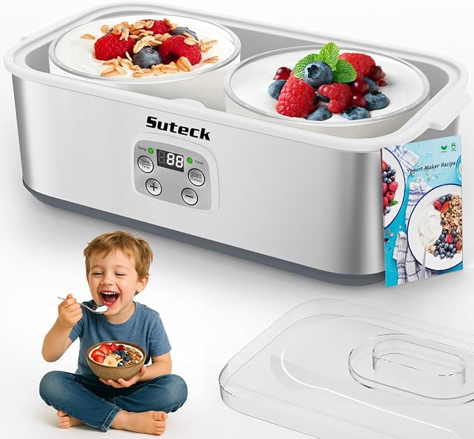 Suteck Yogurt Maker - Stainless Steel Yogurt Makers with Adjustable Time & Temp Control，Automatic Shut-Off & Constant Temper for Homemade Greek, Probiotic Yogurt, BPA-Free 2 Yogurt Bowls (2 Quart)
