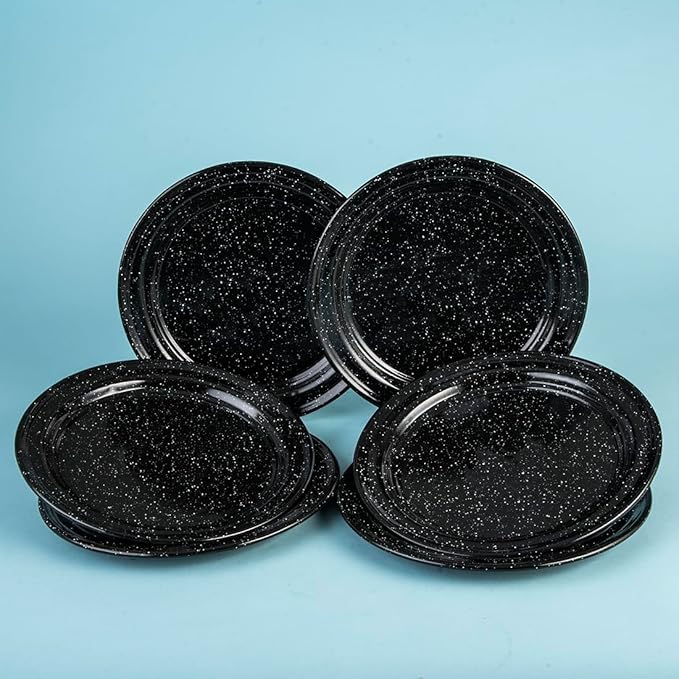 Cinsa 10-Inch Enameled Steel Dinner Plate Set, Set of 6 Dishwasher Safe Dinnerware, Rustic & Elegant - Durable for Everyday Use, Camping, Farmhouse Kitchens, Oven & Fire-Safe (Speckled Black)