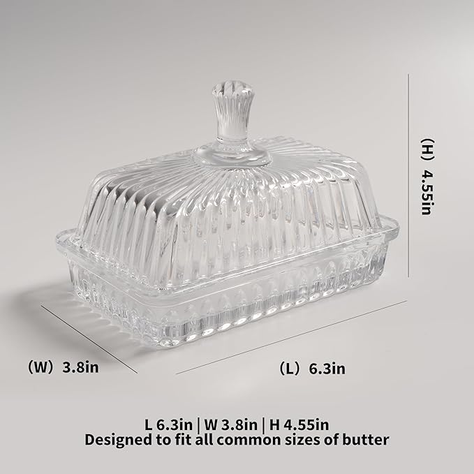 Clear Glass Butter Dish with Lid, Covered Crystal Butter Stick Holder Tray, Glass Butter Storage Container for Fridge Countertop