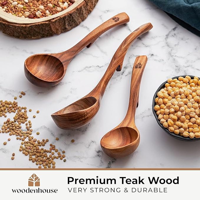 Wooden Ladle for Soup, 3 Size Teak Wood Ladle Spoon with Back Hooks for Pot & Bowl, Non-Stick Wooden Spoon Set for Cooking, Serving and Stirring