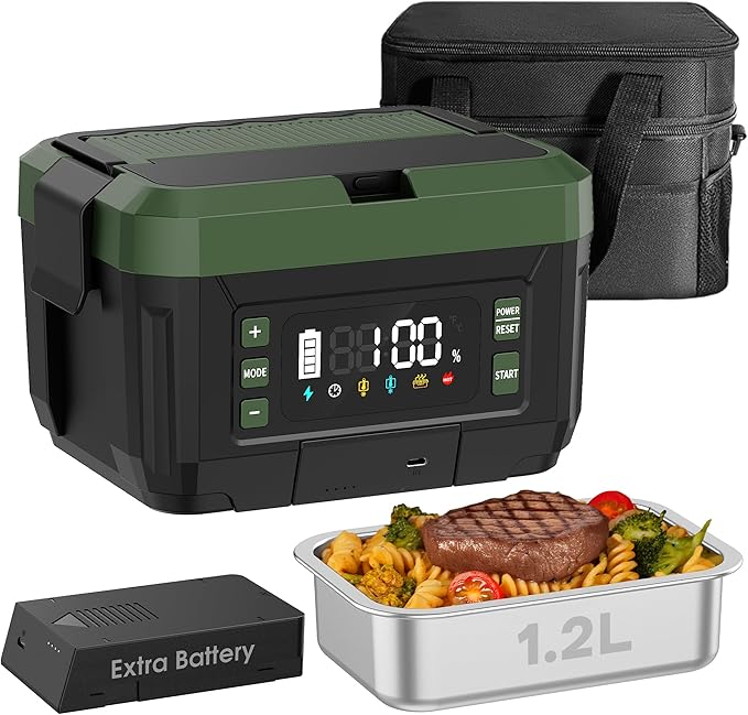 Cordless Electric Lunch Box for Adults – 1.2L Stainless Steel Self-Heating Lunch Box with Dual 20000mAh Removable Rechargeable Batteries, Portable Heated Food Warmer for Work, Travel & Office