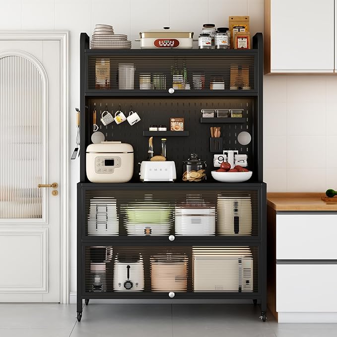 Large Kitchen Bakers Rack, 5-Tier Corner Microwave Stand with Storage, Coffee Bar with 6 S-Shaped Hooks, Open Kitchen Storage Shelves for Spices, Pots and Pans, Black