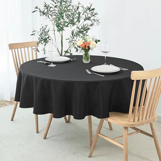 maxmill Round Weaved Texture Design Tablecloth Spill-Proof Wrinkle Free Soft Washable Table Cloth for Circular Table Cover, for Dining Room Buffet Banquet Parties Holiday Dinner, 70 Inch Black