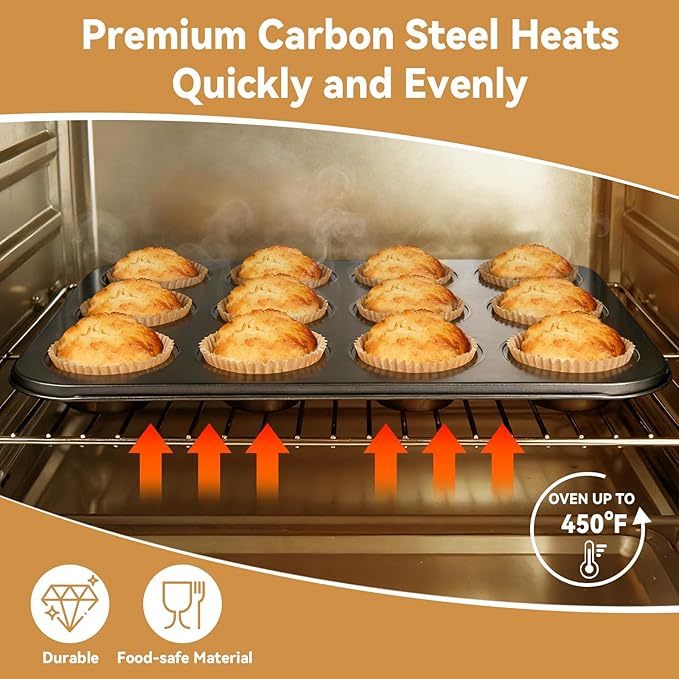Artcochan 1 Pack Muffin Pan Set,12 Cup Nonstick Carbon Steel Cupcake Pan with 50 Liners,Standard Muffin Tin for Cupcakes and Baking Supplies