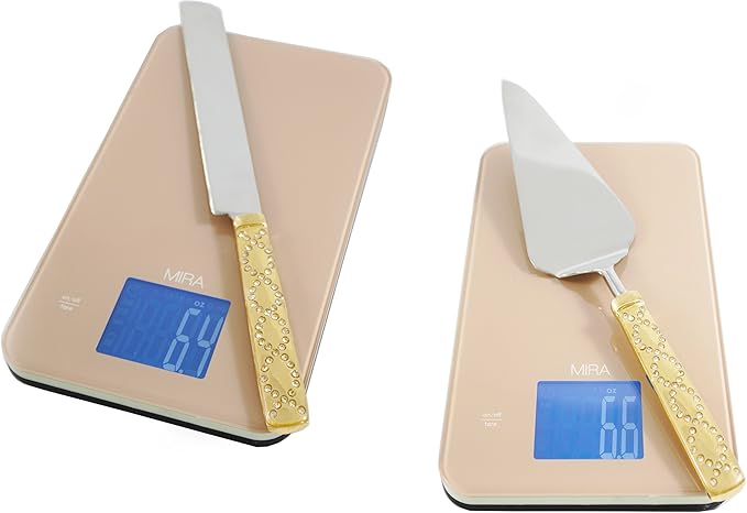 Server Set, Cake, Pie, Desert Flatware Set, Glitter Crystal Studs Design, 2-piece 18/10 Stainless steel with brass handles (light antique gold finish)…