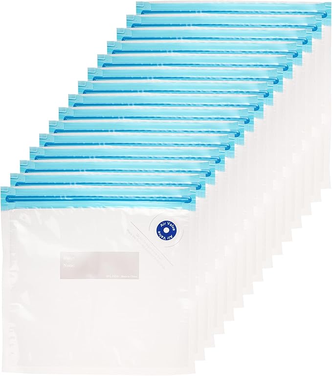 Food Vacuum Sealer Bags – 15 Pack Reusable Bags with Leakproof Zip Seal & Air Valve – Microwave, Freezer & Reusable Sous Vide (Small)