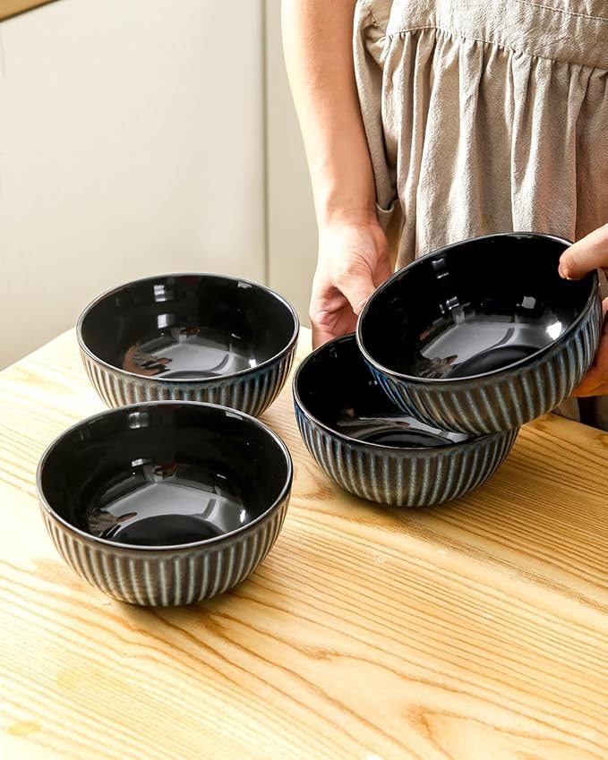 HASENSE Large Ceramic Serving Bowls 42 Oz - 7 Inch Salad Bowl Set of 4 for Kitchen,Modern Ribbed Porcelain Dishes for Entertaining,Soup,Pho,Pasta,Cereal, Noodle - Dishwasher & Microwave Safe, Blue