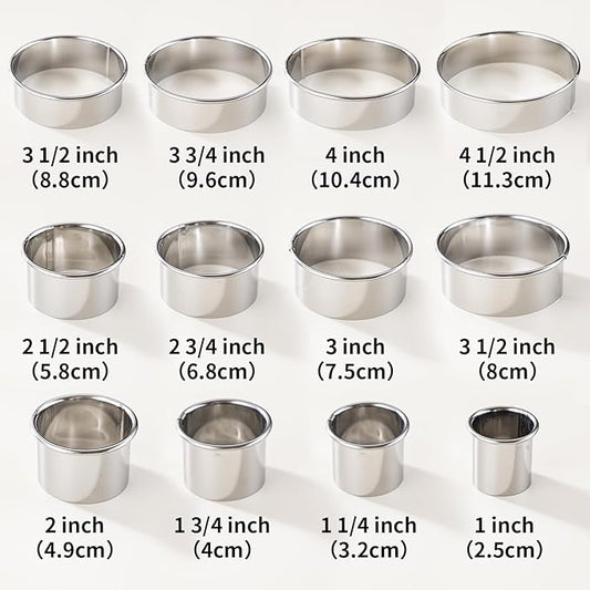 12 Pcs 304 Stainless Steel Biscuit Cutter Set - Round Cookie Cutters for Baking (1/2/3/4/5'') with Storage Box, Dough Pastry Cake Circle Cutting Ring Molds, Non-Rust, Dishwasher Safe & 1.5‘’ High