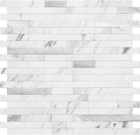 DICOFUN 1 Sheet Peel and Stick Backsplash Tile, Faux White Marble Look PVC Mixed Metal Stick on Backsplash Tiles for Kitchen