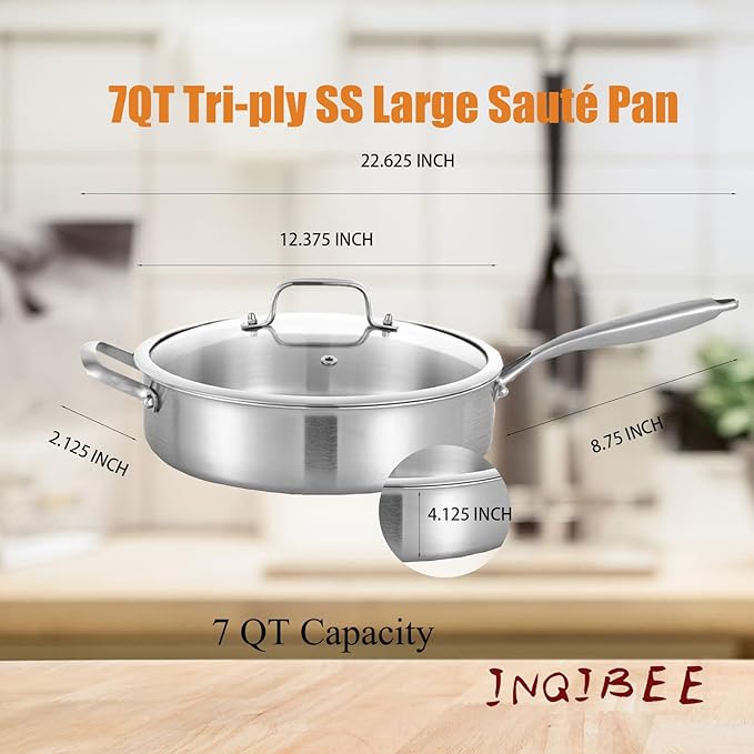 Inqibee Tri-Ply 7 Quarts Stainless Steel Sauté Pan with Lid, 12 Inch Induction Deep Frying Pan, Large Skillet,Jumbo Cooker, Dishwasher and Oven Safe,Detachable Handle.