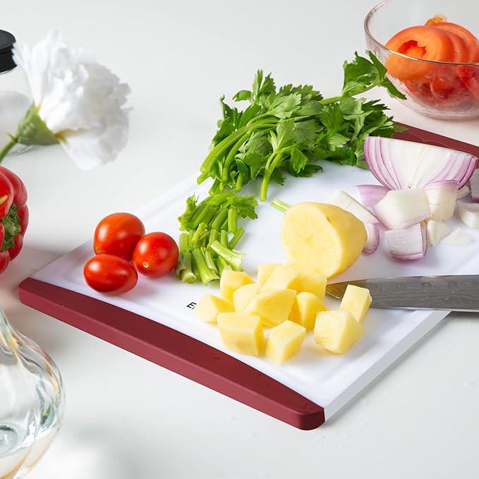 Extra Large Cutting Boards, Plastic Cutting Boards for Kitchen (Set of 4) Cutting Board Set Dishwasher Chopping Board with Juice Grooves Easy-Grip Handles, Red, Empune