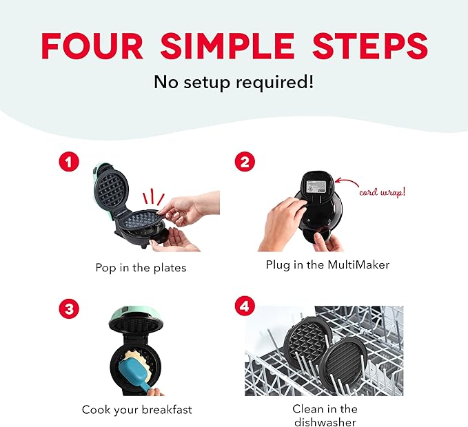 Dash MultiMaker® Mini System - Compact Waffle Maker for Family Breakfasts - Removable Griddle Plates & nonstick surface - 5 Plates - Red