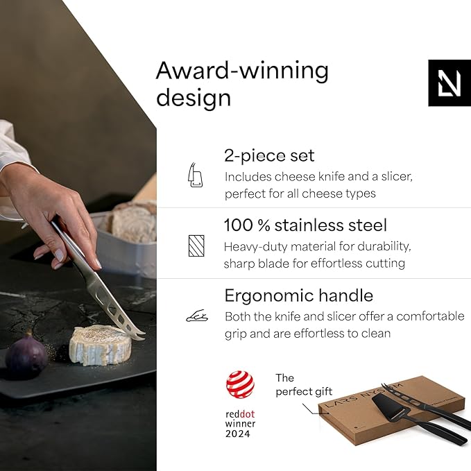 LARS NYSØM Cheese Slicer and Knife Set 2 pcs. I Cheese Knife Set & Cutter Made of Stainless Steel (Carbon Black)